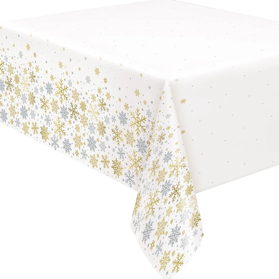 Christmas Silver & Gold Holiday Snowflakes Table Cover Tablecloth - Party Owls