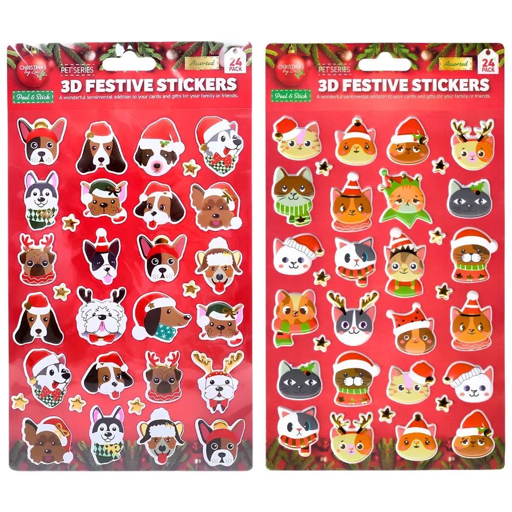 Christmas Theme Pets 3D Stickers 24pcs 14cm x 25cm Assorted Sets - Party Owls