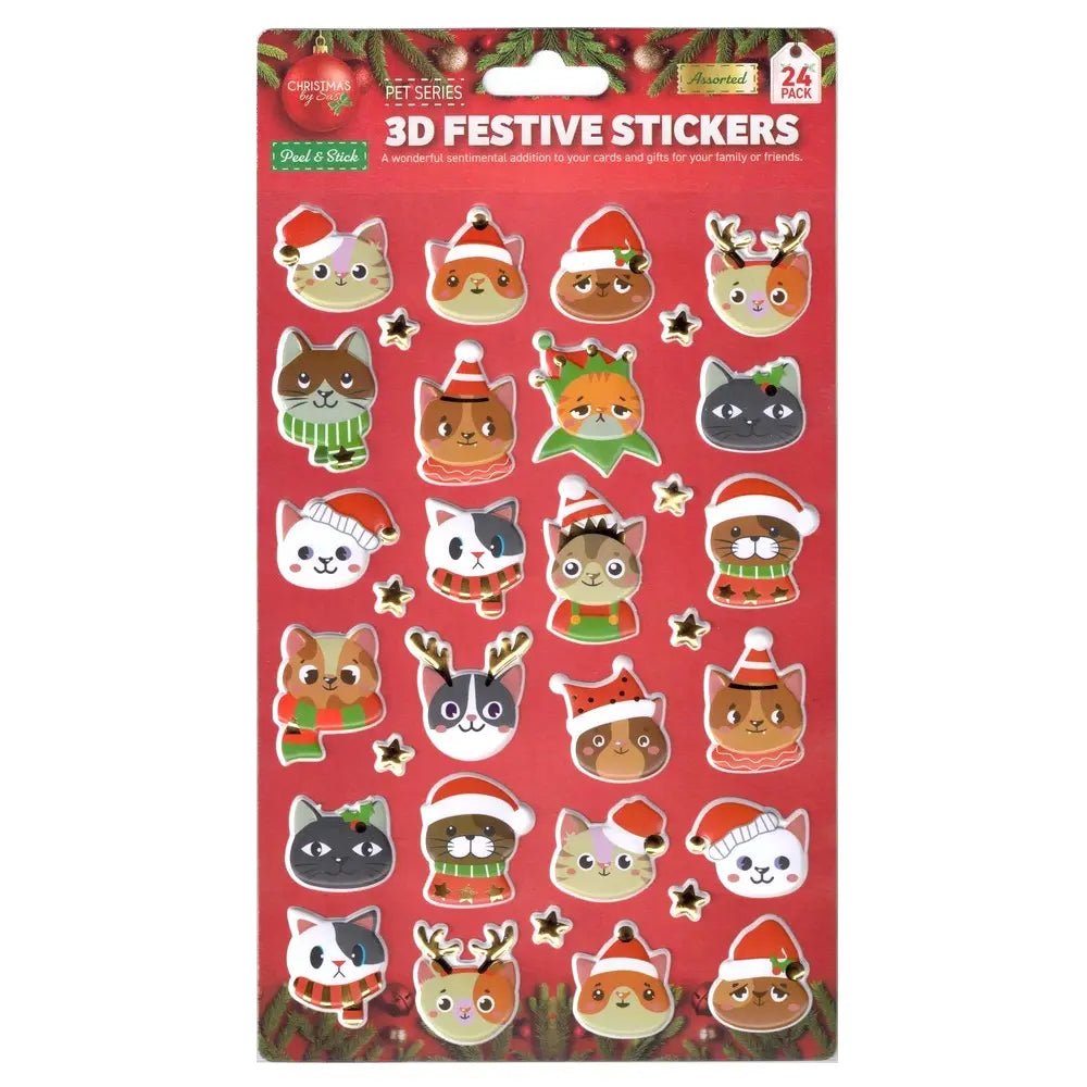 Christmas Theme Pets 3D Stickers 24pcs 14cm x 25cm Assorted Sets - Party Owls