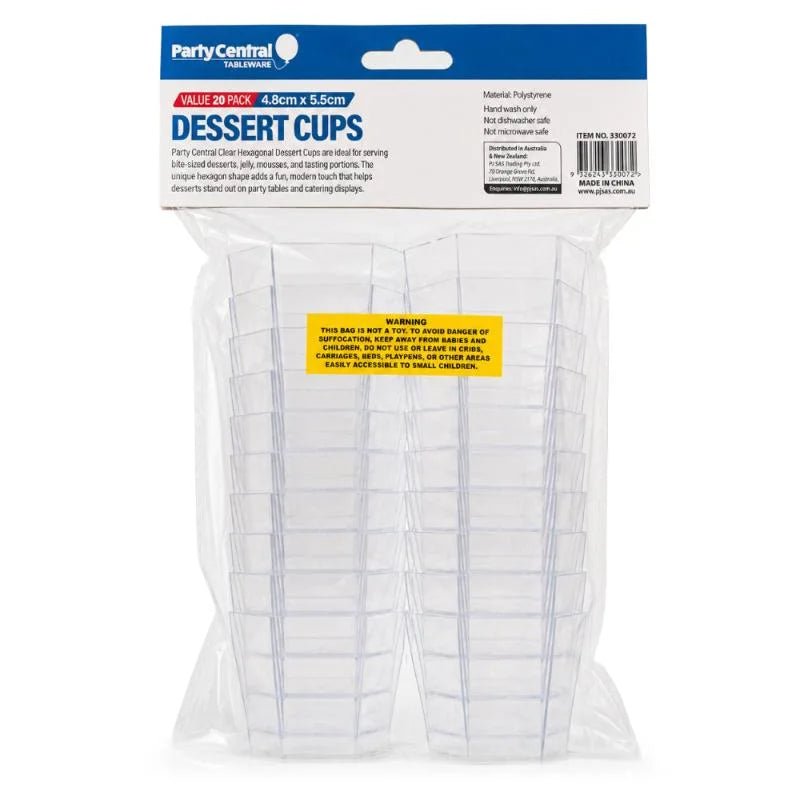 Clear Hexagonal Dessert Cups 55ml 20pcs (4.8cm x 5.5cm) - Party Owls