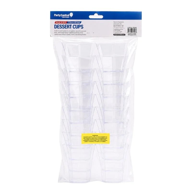 Clear Tall Hexagonal Dessert Cups 120ml 20pcs (7.2cm x 6.2cm) - Party Owls
