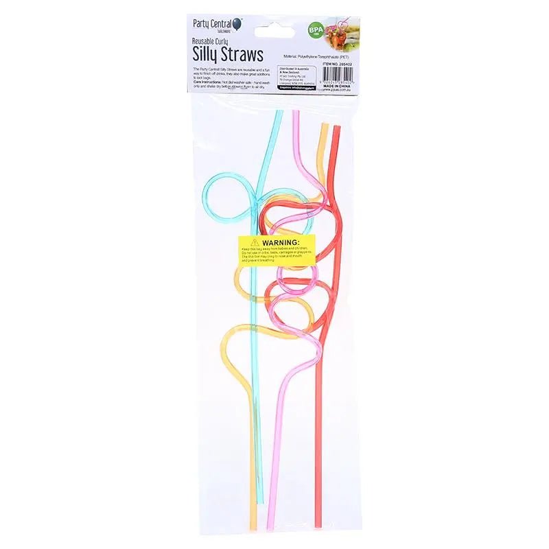 Crazy Curly Wriggle Straws 4pcs 26cm x 5mm Assorted - Party Owls