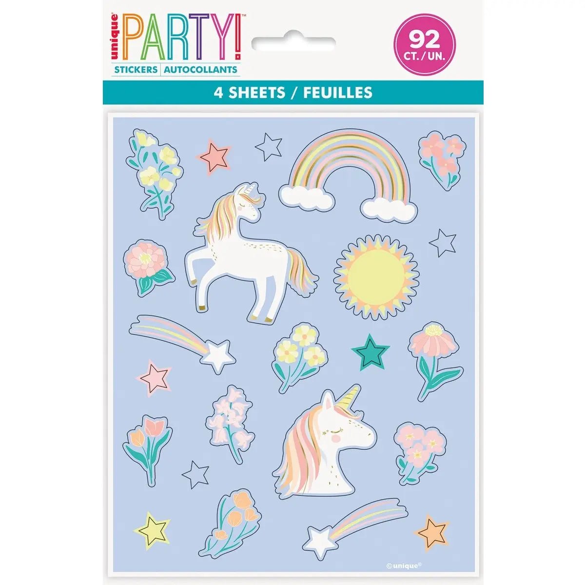 Dainty Unicorn Sticker Sheets 92pk (4 Sheets) Party Favours - Party Owls
