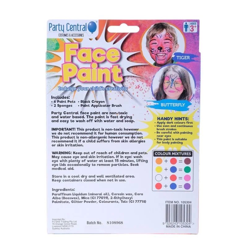 Face Paint Set 6 Colours, 2 Sponges, 1 Crayon - Party Owls