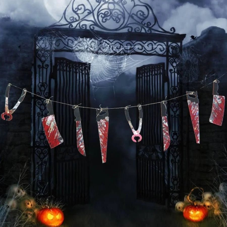 Fake Blood-Splattered Knife & Tool Halloween Hanging Garland 1.8m - Party Owls