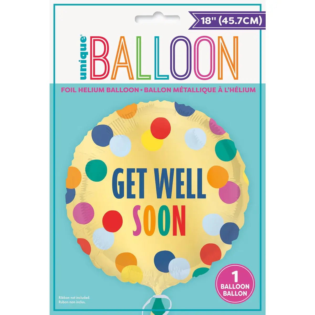 Get Well Soon Foil Balloon 45cm (18") Gold With Coloured Spots - Party Owls