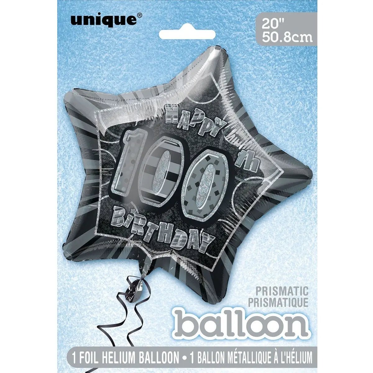 Glitz Black & Silver 100th Birthday Star Foil Balloon 50cm (20") - Party Owls