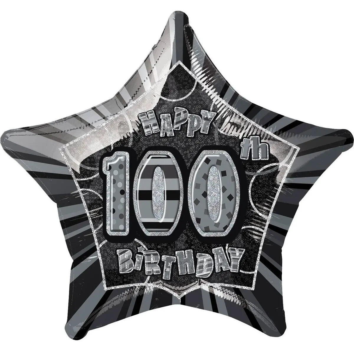 Glitz Black & Silver 100th Birthday Star Foil Balloon 50cm (20") - Party Owls