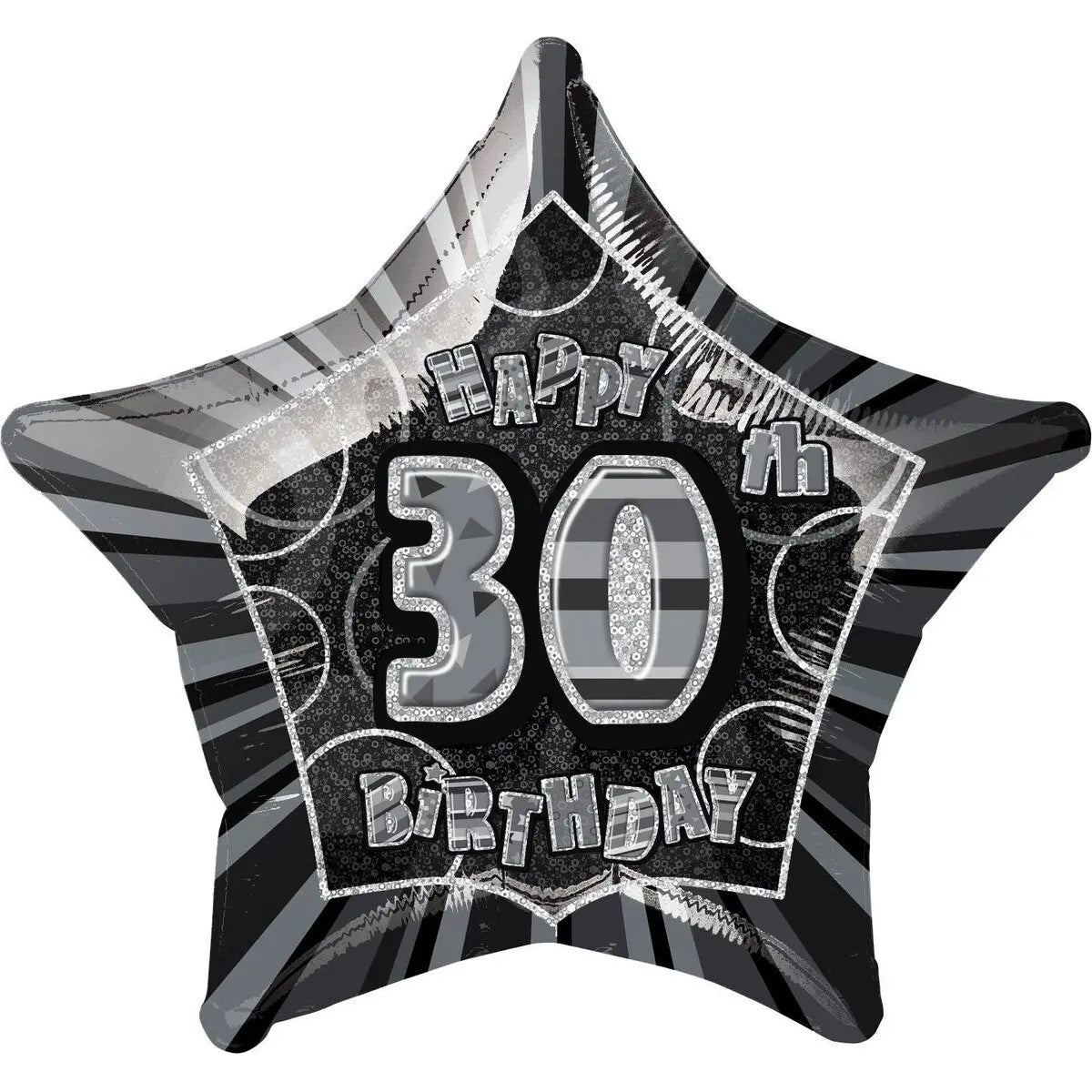 Glitz Black & Silver 30th Birthday Star Foil Balloon 50cm (20") - Party Owls
