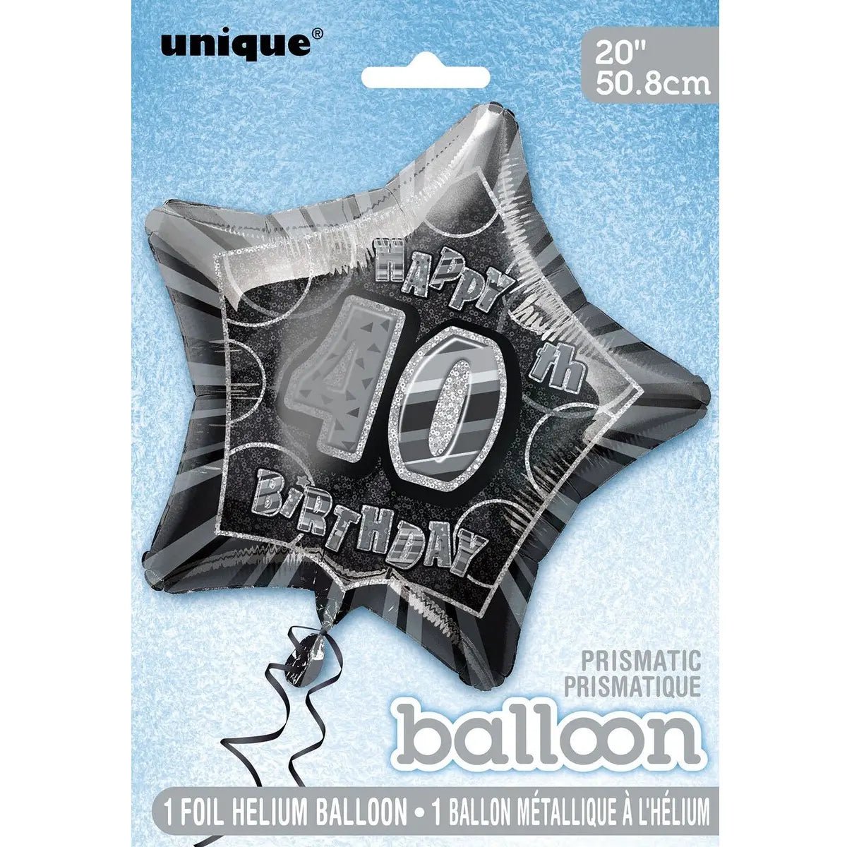 Glitz Black & Silver 40th Birthday Star Foil Balloon 50cm (20") - Party Owls