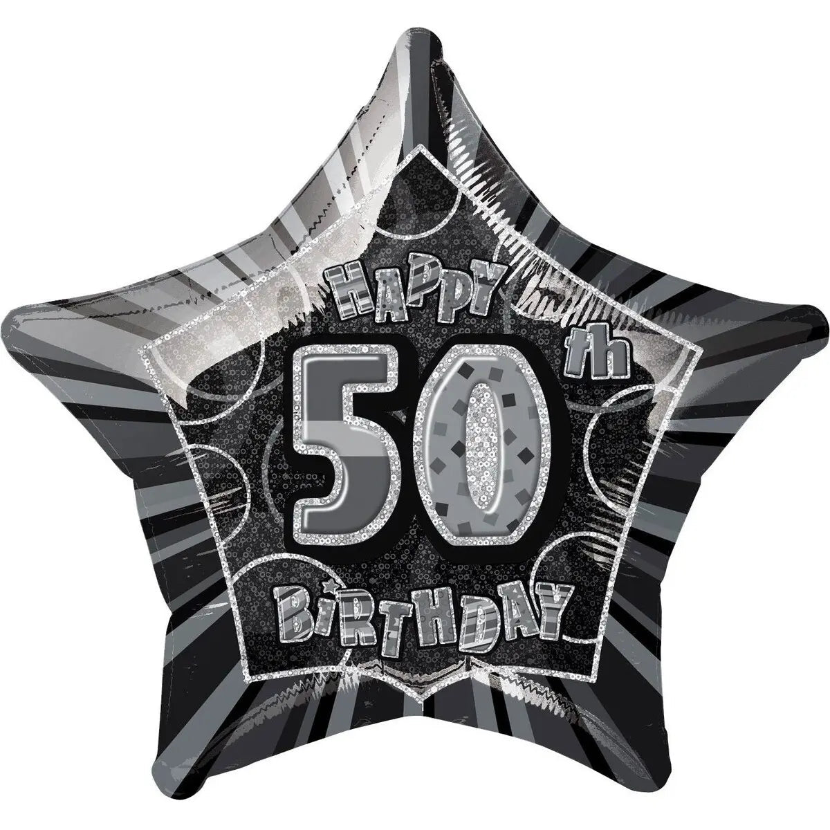 Glitz Black & Silver 50th Birthday Star Foil Balloon 50cm (20") - Party Owls