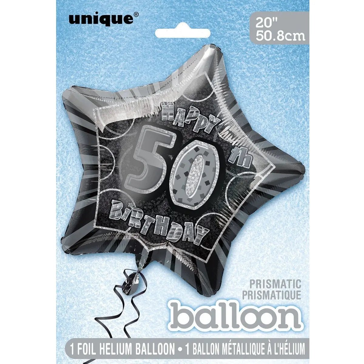 Glitz Black & Silver 50th Birthday Star Foil Balloon 50cm (20") - Party Owls