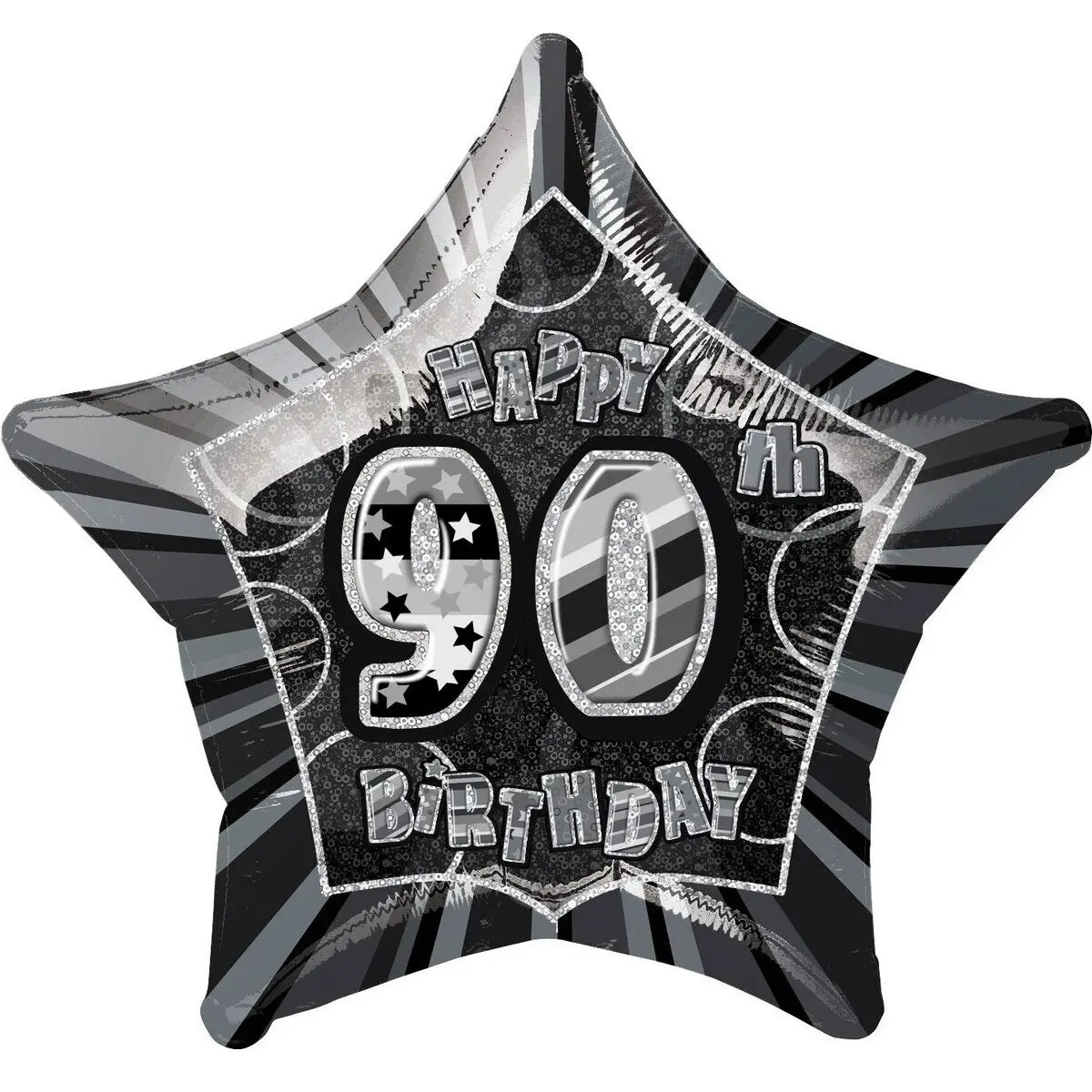 Glitz Black & Silver 90th Birthday Star Foil Balloon 50cm (20") - Party Owls