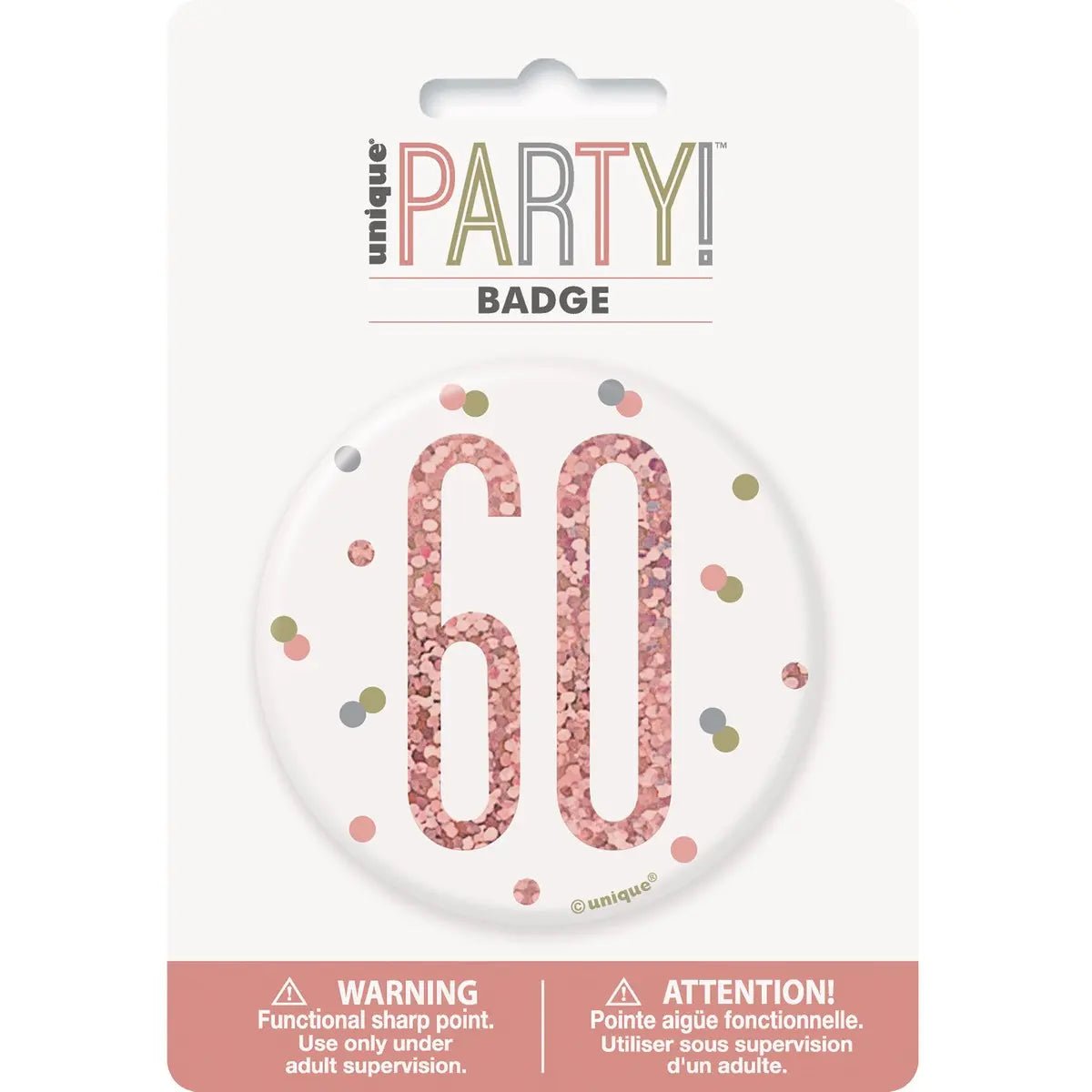 Glitz Rose Gold Birthday Badge 7.6cm (3") - 60th - Party Owls