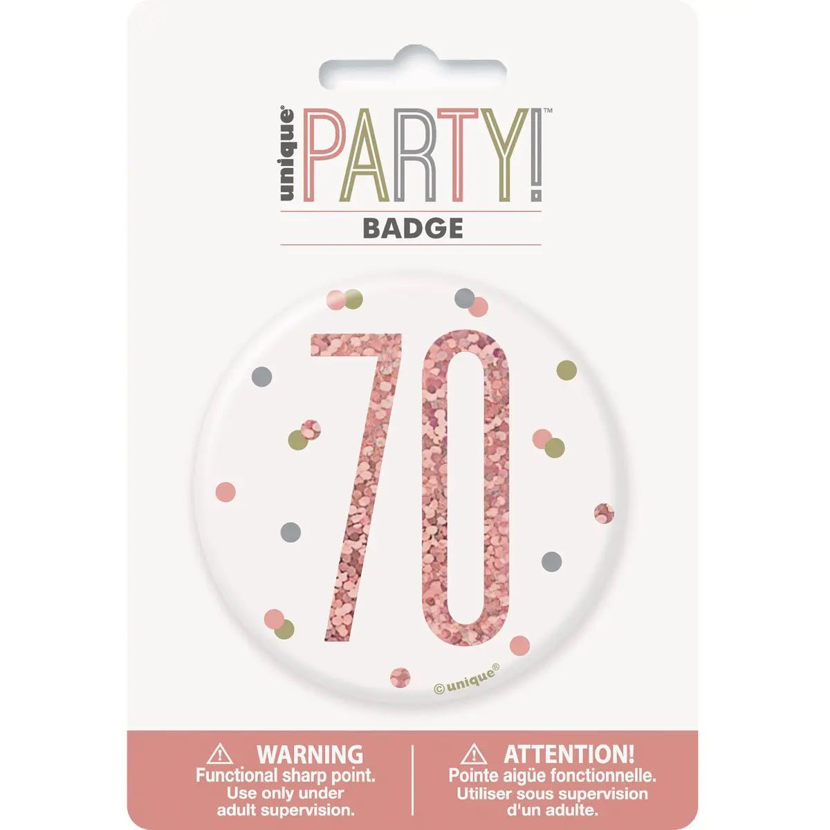 Glitz Rose Gold Birthday Badge 7.6cm (3") - 70th - Party Owls