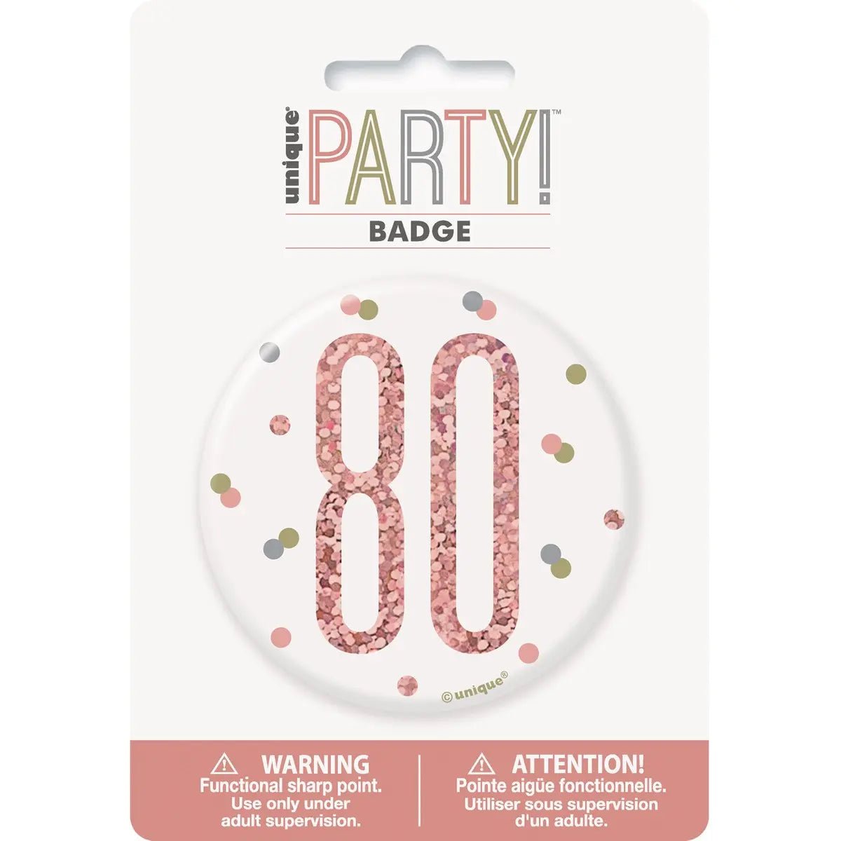 Glitz Rose Gold Birthday Badge 7.6cm (3") - 80th - Party Owls