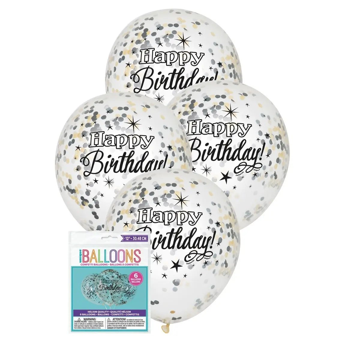 Gold Silver Black Happy Birthday Confetti Latex Balloons 30cm (12") 6pk Pre - filled - Party Owls