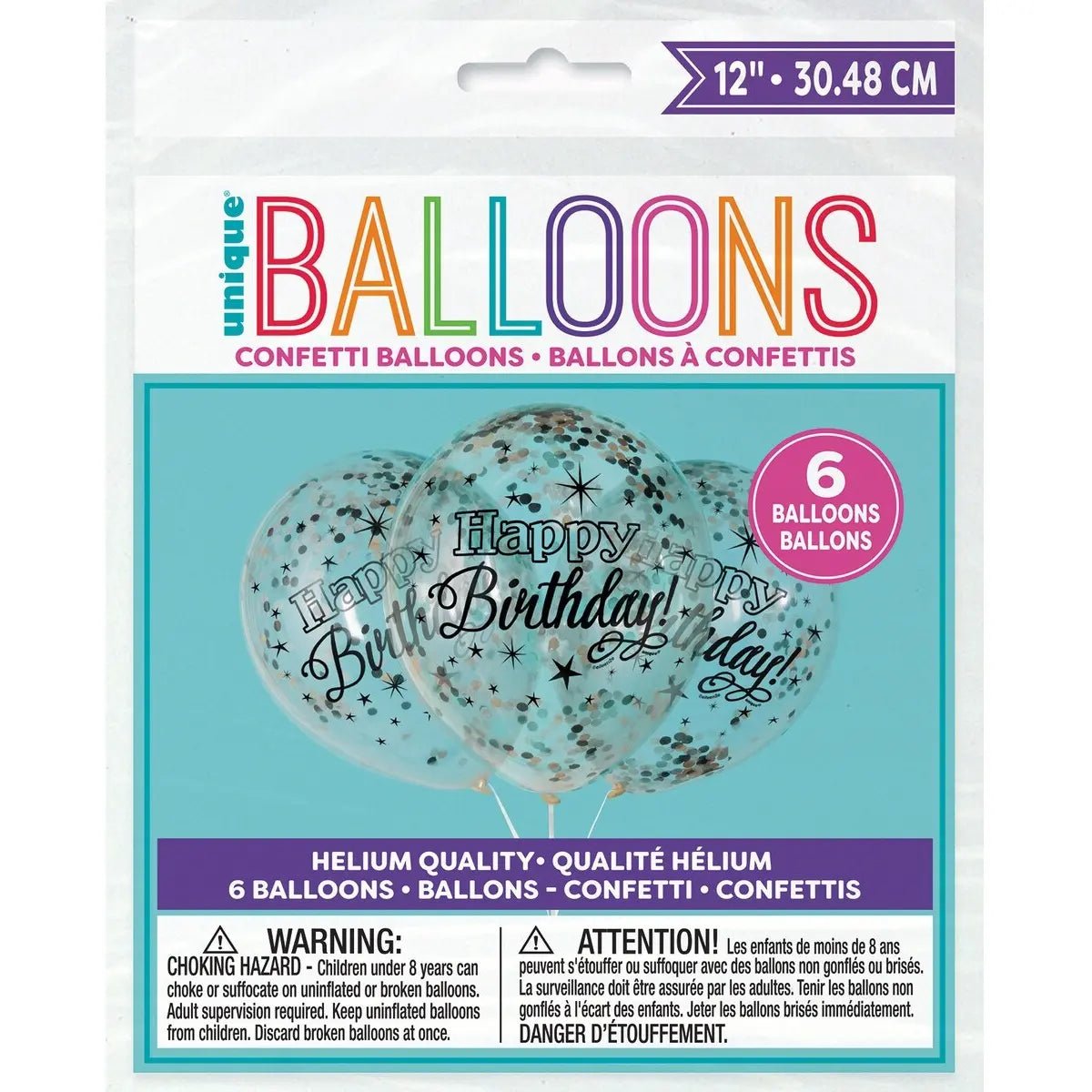 Gold Silver Black Happy Birthday Confetti Latex Balloons 30cm (12") 6pk Pre - filled - Party Owls