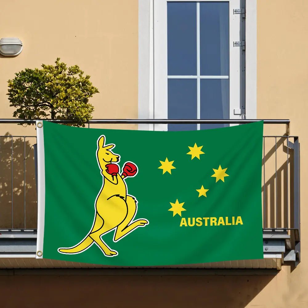Green Australian Flag 150CM x 90CM With A Boxing Kangaroo - Party Owls