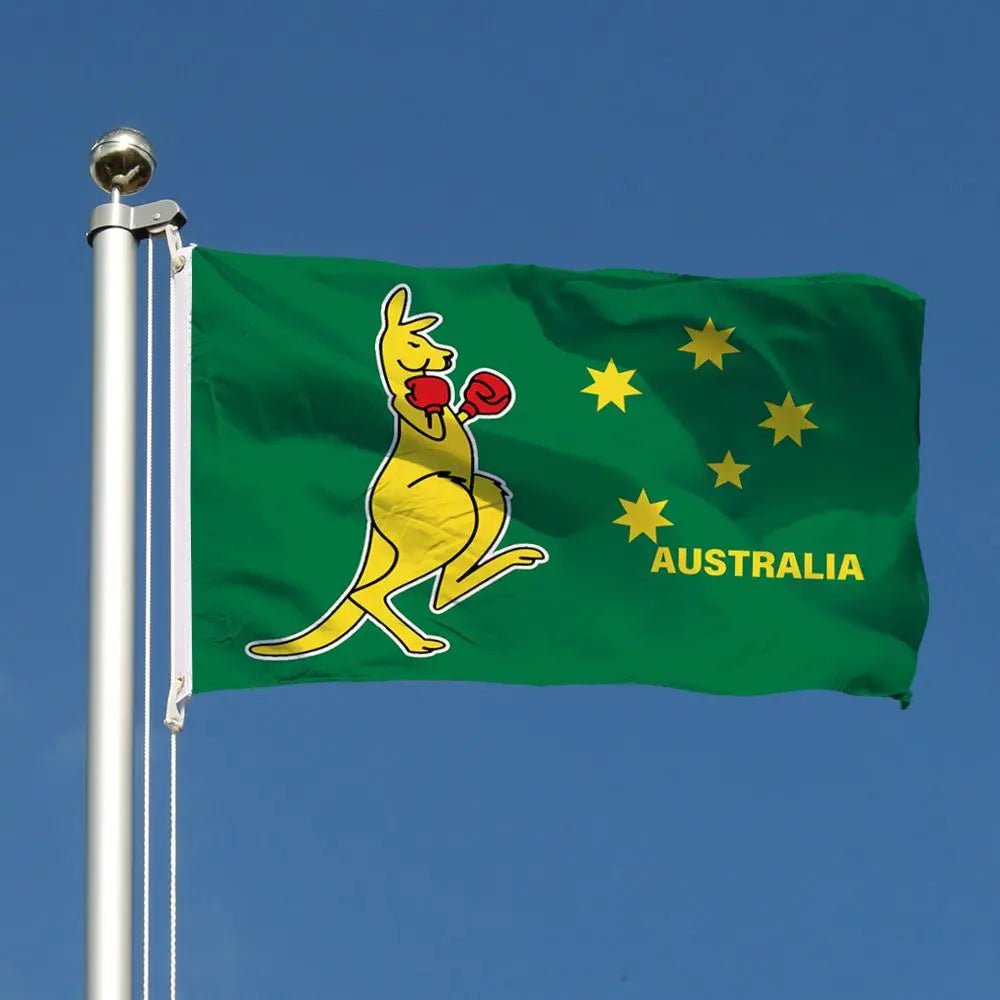 Green Australian Flag 150CM x 90CM With A Boxing Kangaroo - Party Owls