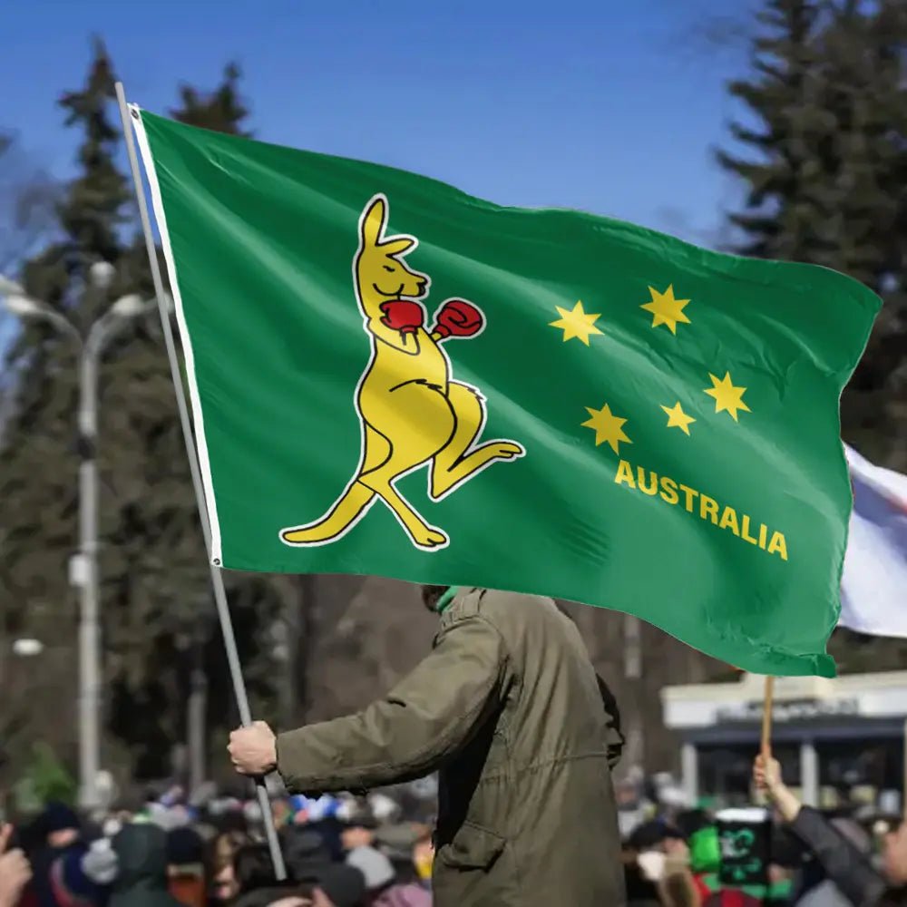 Green Australian Flag 150CM x 90CM With A Boxing Kangaroo - Party Owls