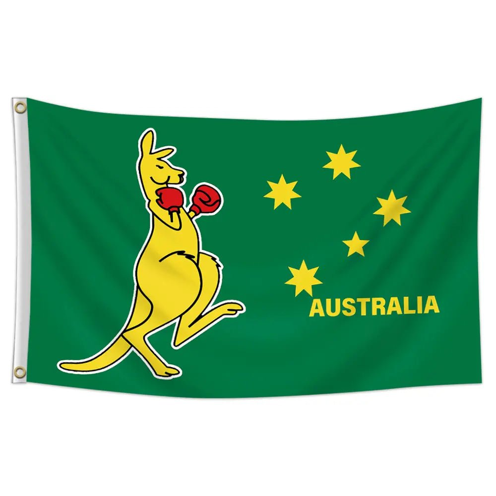 Green Australian Flag 150CM x 90CM With A Boxing Kangaroo - Party Owls