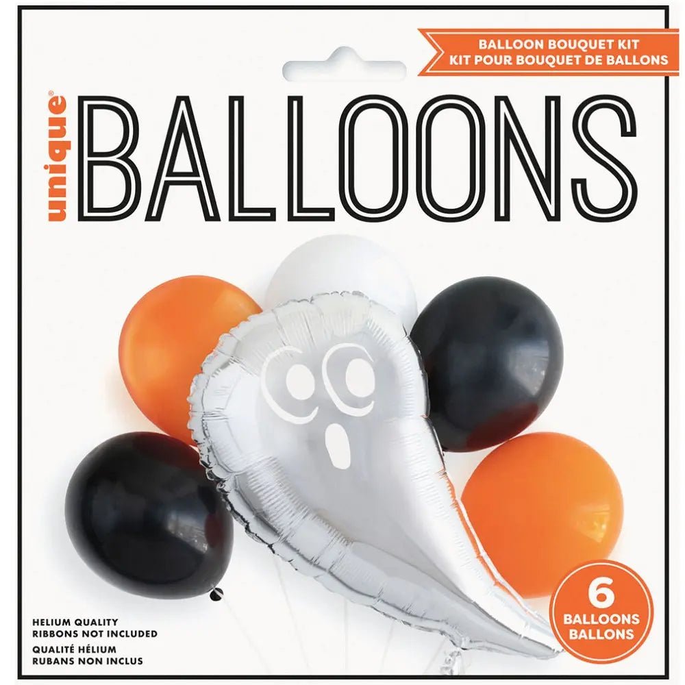 Halloween Spooky Ghost Balloon Bouquet Kit 6pcs Black Orange Silver - Party Owls