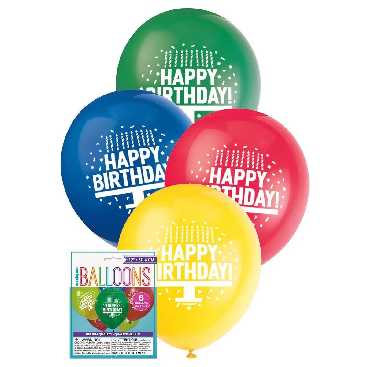 Happy Birthday Cake Latex Balloons 30cm (12") 8pk Assorted Colours - Party Owls