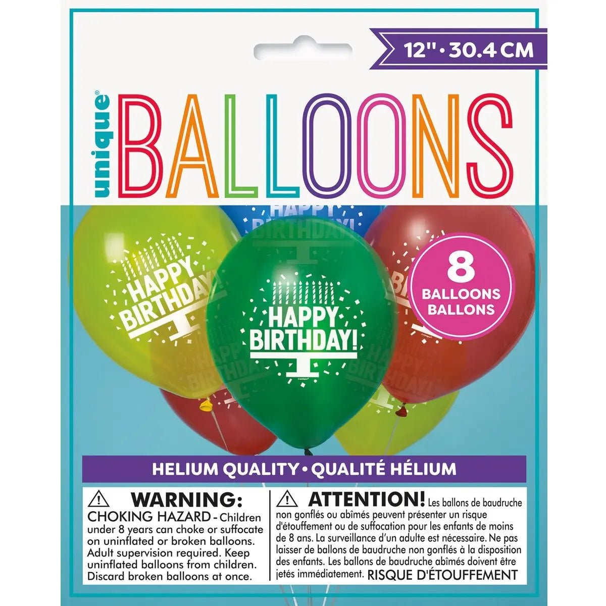Happy Birthday Cake Latex Balloons 30cm (12") 8pk Assorted Colours - Party Owls