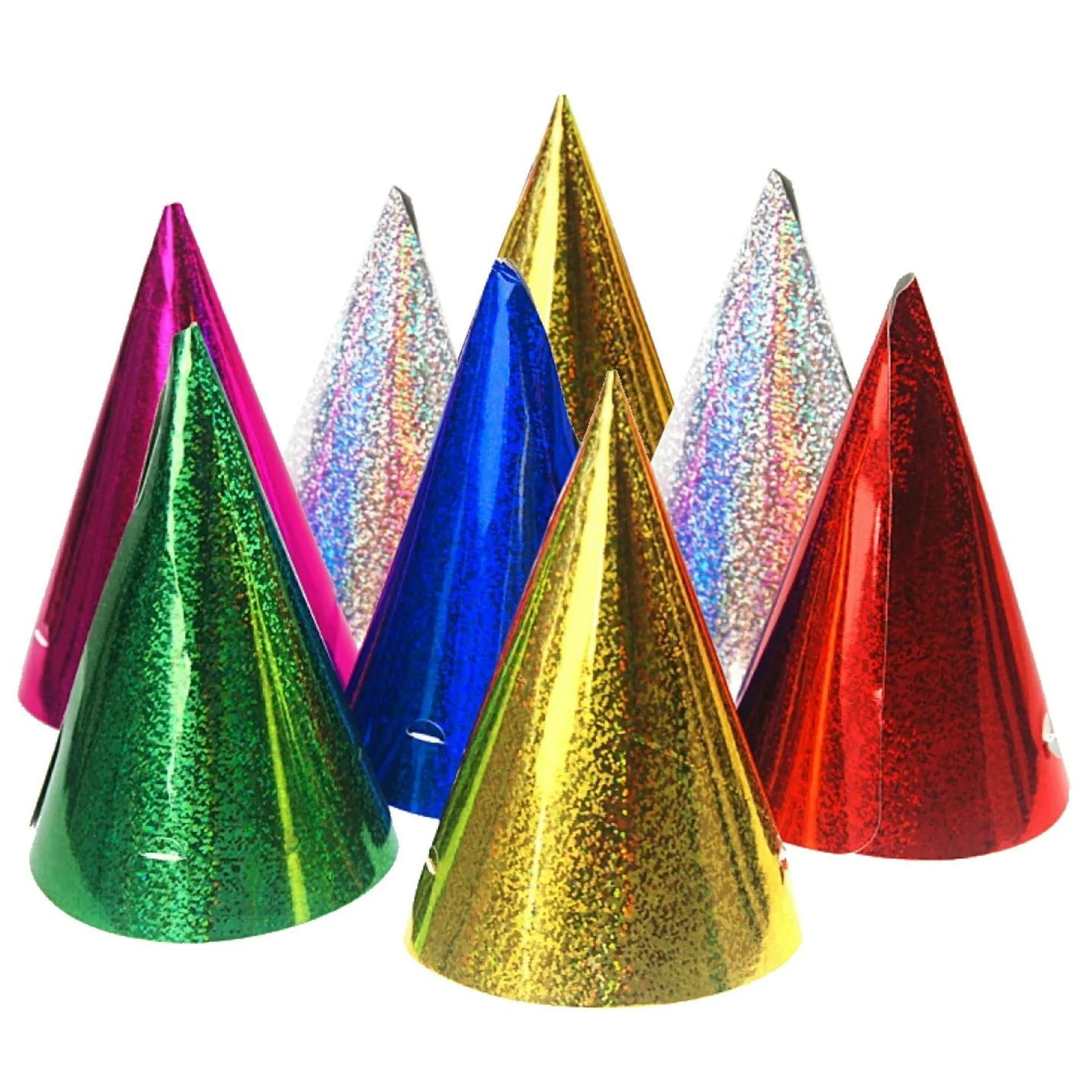Holographic Coloured Party Hats 8pk - Party Owls