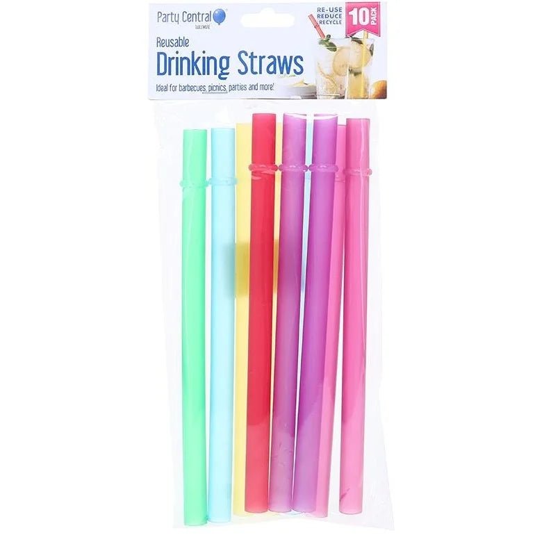 Jumbo Reusable Plastic Drinking Straws 10pcs 20cm x 1.2cm Assorted Colours - Party Owls