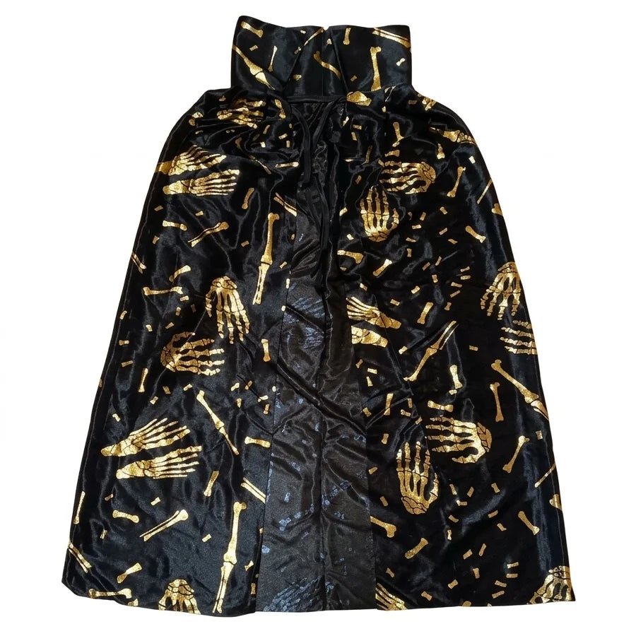 Kids Black & Gold Halloween Cape 70cm Skeleton Bone Print - Party Owls