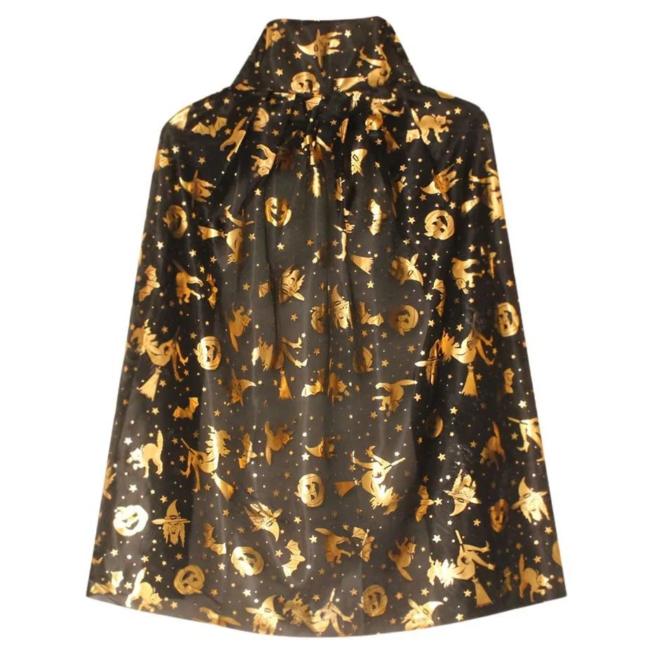Kids Black & Gold Halloween Witch Cape 75cm Witches Pumpkins Bats Print - Party Owls