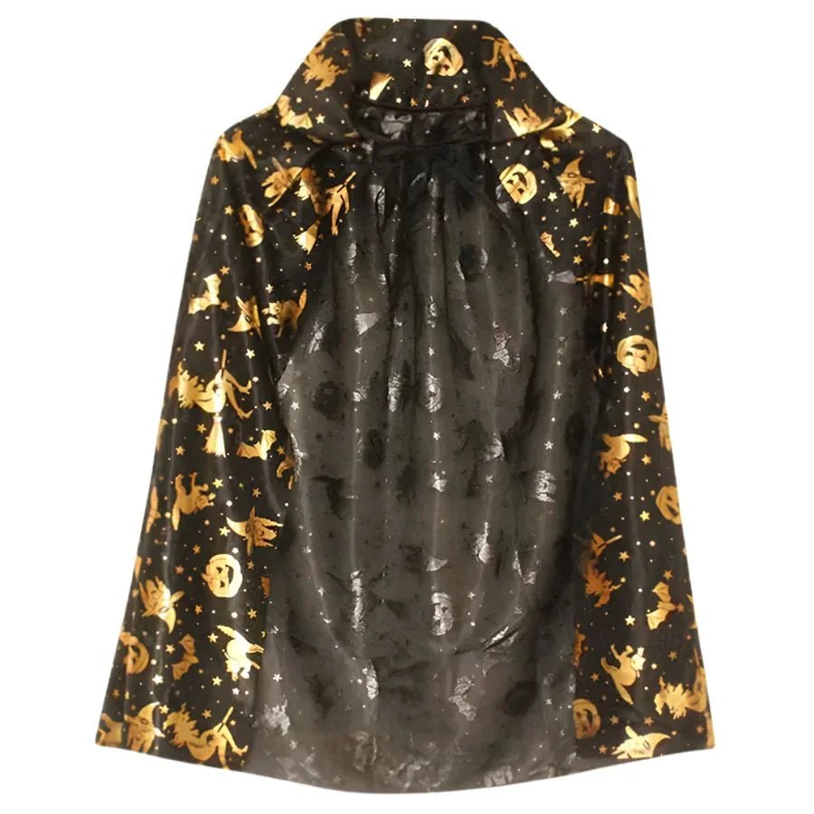 Kids Black & Gold Halloween Witch Cape 75cm Witches Pumpkins Bats Print - Party Owls