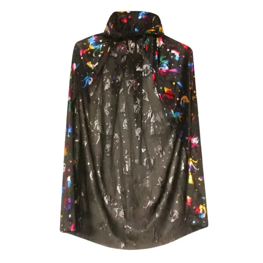 Kids Black & Multicolour Halloween Witch Cape 75cm Witches Pumpkins Bats Print - Party Owls