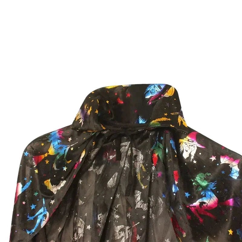 Kids Black & Multicolour Halloween Witch Cape 75cm Witches Pumpkins Bats Print - Party Owls