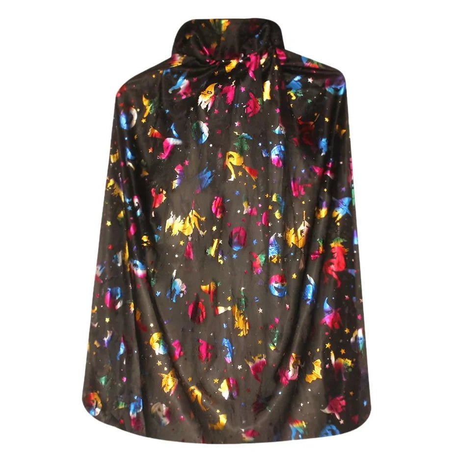 Kids Black & Multicolour Halloween Witch Cape 75cm Witches Pumpkins Bats Print - Party Owls