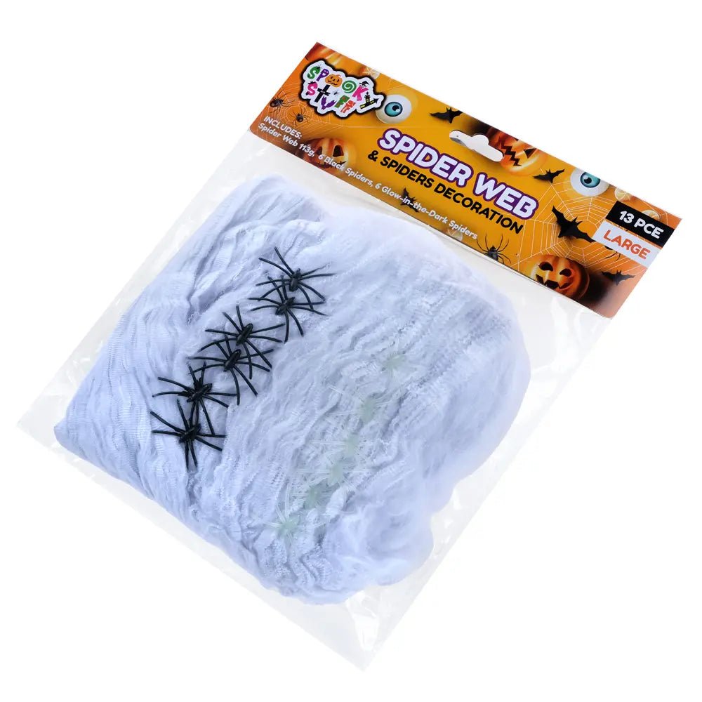 Large Spider Web 100g With 12 Spiders Halloween Decorations - Party Owls