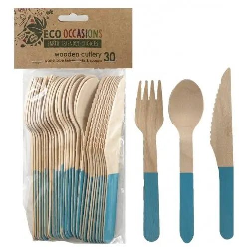Light Blue Wooden Cutlery Set 30pk Assorted - Party Owls