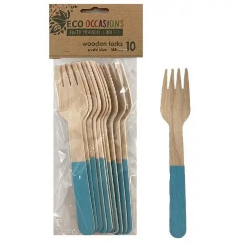 Light Blue Wooden Forks 155mm 10pk Cutlery Pack - Party Owls