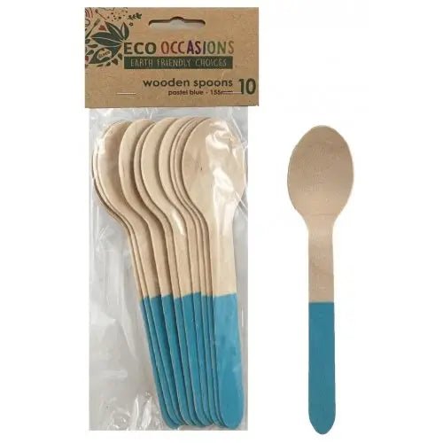 Light Blue Wooden Spoons 155mm 10pk Cutlery Pack - Party Owls