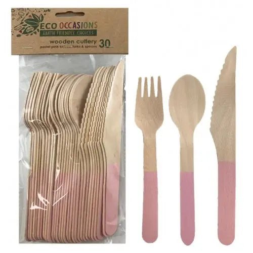 Light Pink Wooden Cutlery Set 30pk Assorted - Party Owls