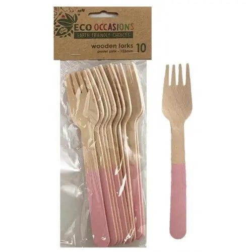 Light Pink Wooden Forks 155mm 10pk Cutlery Pack - Party Owls