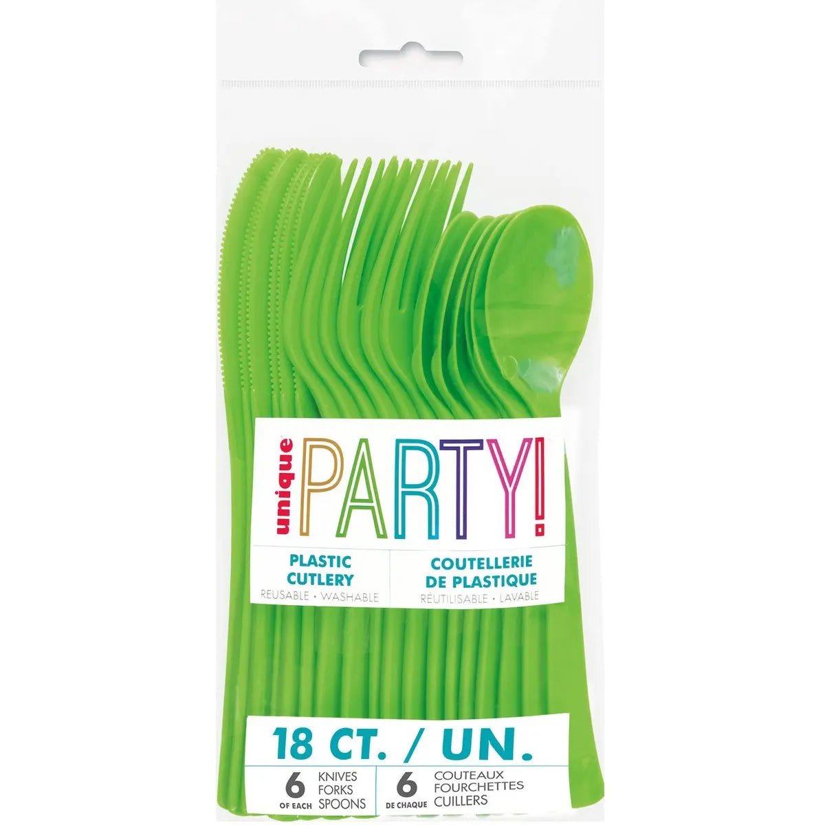 Lime Green Solid Colour Plastic Assorted Cutlery 18pk Reusable - Party Owls