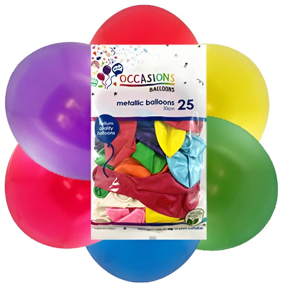 Metallic Multi - colour Latex Balloons 30cm (12") 25pk - Party Owls