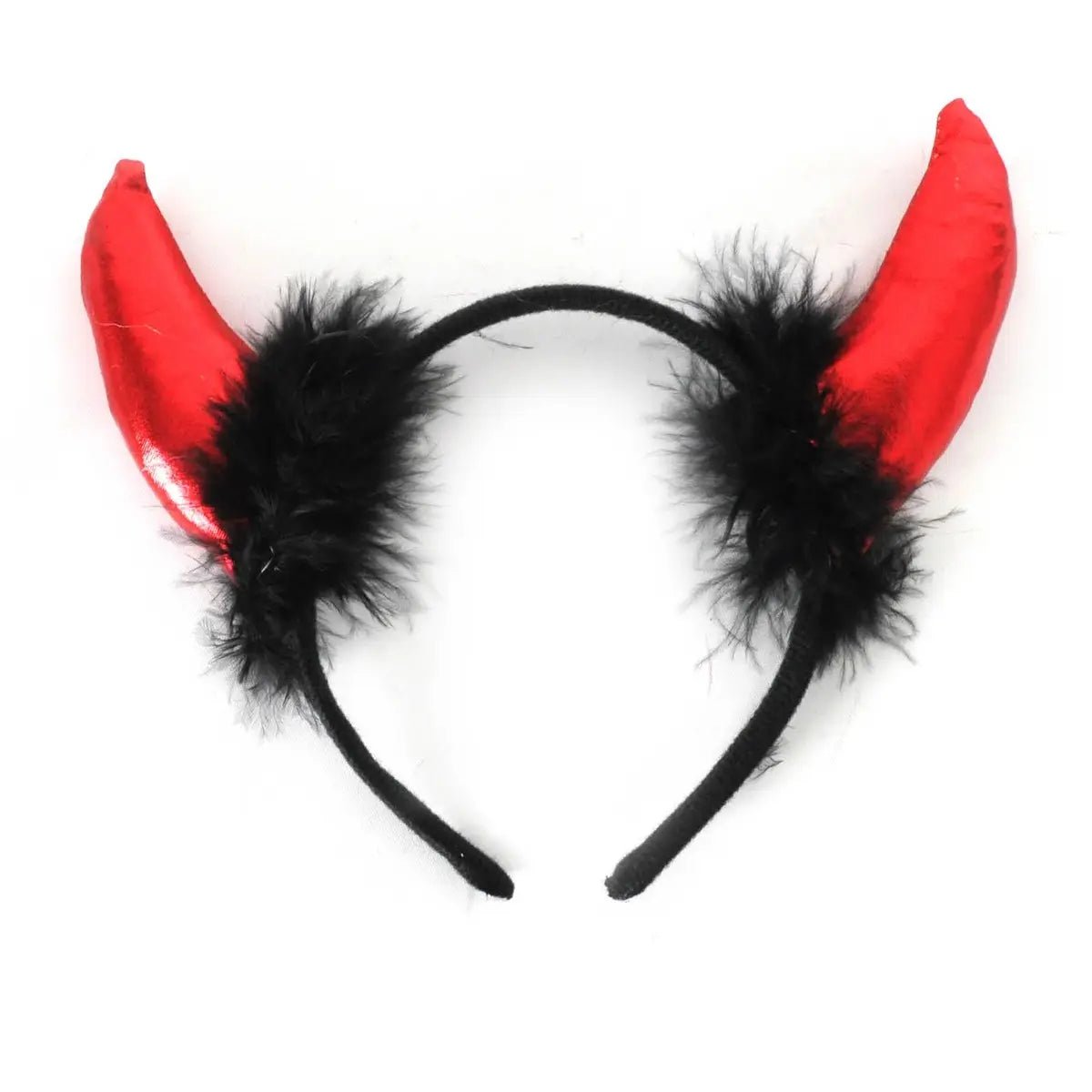 Metallic Red Devil Horns Headband With Fluff Halloween Accessories - Party Owls