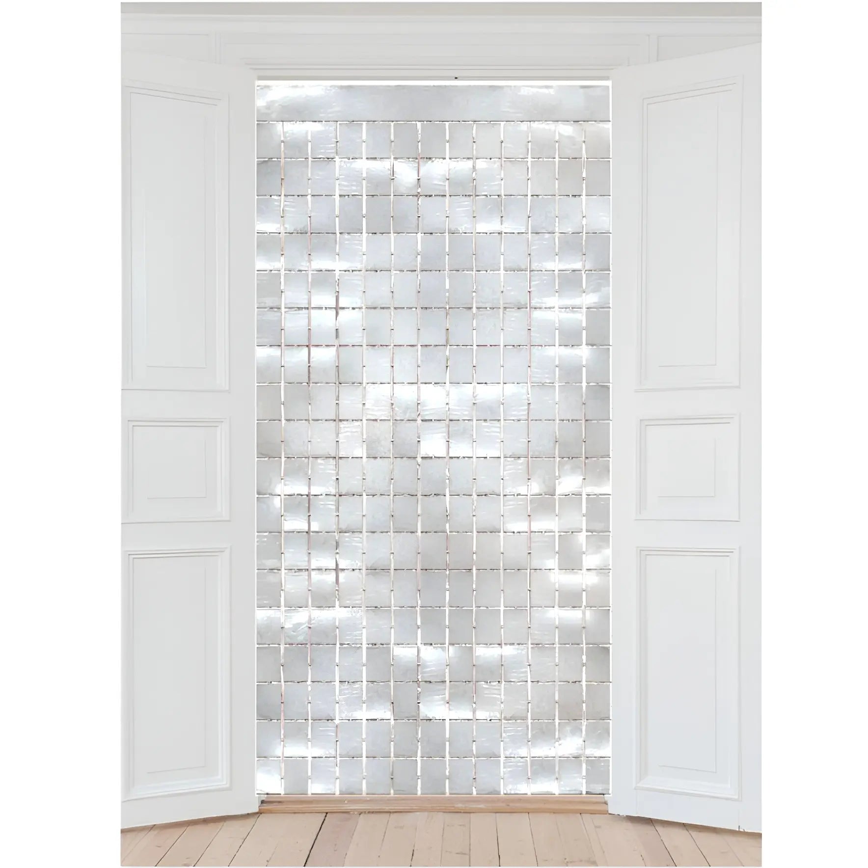 Metallic Silver Foil Square Curtain 90cm x 2m Backdrop - Party Owls