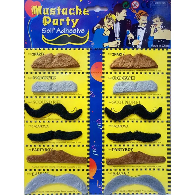 Multi - Colour Fake Moustaches Set 12pcs Self - Adhesive - Party Owls