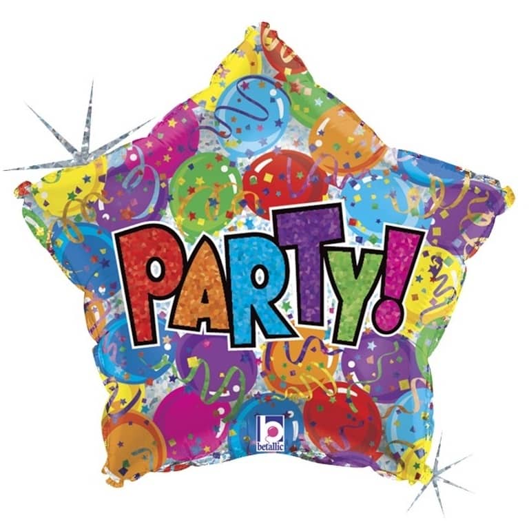 "Party!" Holographic Foil Balloon 48cm (19") Star Shape Multi-coloured - Party Owls