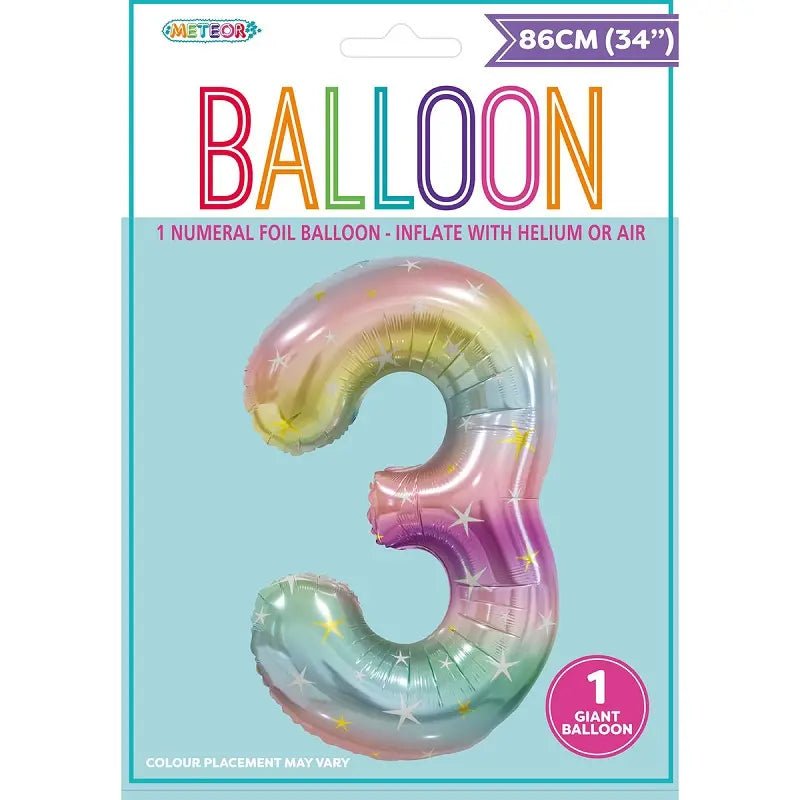Pastel Rainbow Number 3 Giant Numeral Foil Balloon 86cm (34") - Party Owls